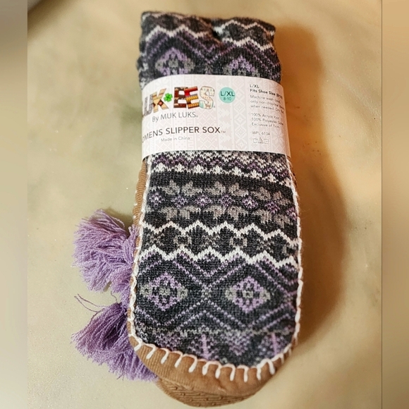 Mukluks Moccasin Slippers for Women, L/XL sz 8-10, Purple tassels, Grey pattern - Picture 1 of 2